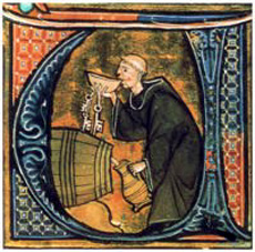 Il vino e la birra Una miniatura che ritrae un monaco che versa e beve birra