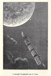 I convogli di projettili per la Luna. Jules Verne, Dalla Terra alla Luna. Tragitto diretto in 97 ore e 20 minuti, Milano, Paolo Carrara 1905 («Libreria di Educazione e d'Istruzione») - Incisione di Stéphane Pannemaker su disegno di Henri De Montaut - Coll