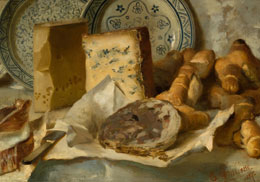 Cesare Tallone, Natura morta con formaggi e salami, part., 1887. Collezione Paolo Candiani