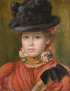 Renoir, Jeune fille au chapeau noir a fleurs rouges, 1890 circa