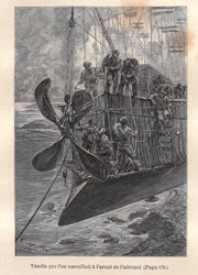 Tandis que l'on travaillait à l'avant de l'aéronef. Jules Verne, Robur-le-Conquérant, Paris, J. Hetzel et C.ie 1886 («Bibliothèque d'Éducation et de Récréation») - Incisione di J. Ladmiral su disegno di L. Benett - Collezione Riccardo Valla, Torino