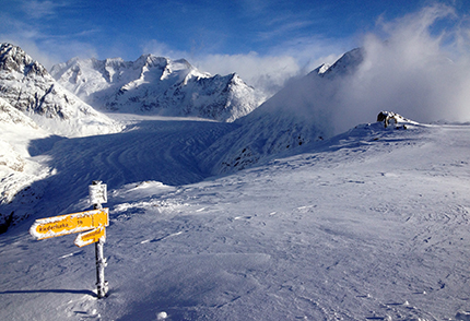 Comprensorio sciistico dell'Aletsch Arena. Il ghiacciaio dell'Aletsch visto dalle piste di Bettmeralp