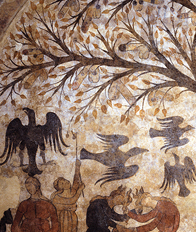 Particolare dell'affresco con i falli appesi ai rami dell'albero 