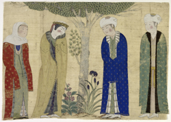Miniatura dipinta su seta con la rappresentazione di una coppia principesca con attendenti. 
Asia Centrale, inizi del XV secolo d.C.