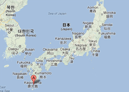 La bandiera arancione localizza Capo Sata sulla mappa del Giappone