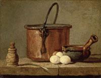 Jean Siméon Chardin, Paiolo di rame stagnato, macinapepe, porro, tre uova e tegame di terracotta, Parigi, Musée du Louvre. Lascito Dr. Louis La Caze, 1869 (© foto RMN)