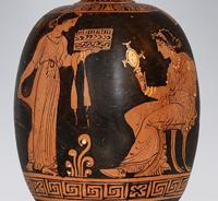 Lekythos a figure rosse che ritae una donna seduta e una ancella. Pittore di Karlsruhe B9, 370-360 a.C., particolare