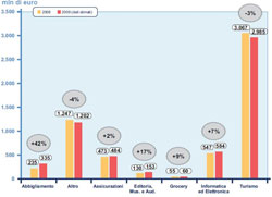 Le colonnine più alte indicano il valore del segmento del turismo (in giallo nel 2008, in rosso nel 2009). Nonostante il calo del 3% rispetto a un anno fa, è evidente il successo delle vendite online del comparto turistico rispetto agli altri     