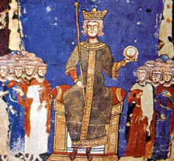 I grandi viaggi verso Oriente del XIII secolo 3 Federico II attorniato dai sudditi, Salerno Biblioteca Capitolare