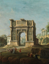 Veduta della Regina Maria Amalia di Sassonia presso l'Arco di Traiano a Benevento, circa 1759, particolare, Antonio Joli, Museo Nacional del Prado, Madrid