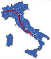 In rosso, il tracciato dell'asse AV Torino-Milano-Salerno
