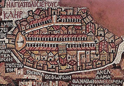 Madaba, il mosaico bizantino del VI secolo con la mappa di Gerusalemme