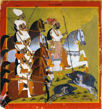 Il thakur Kuber Singh e cinque cavalieri a caccia di cinghiali
Mrwar, 1770 circa