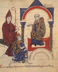 Enrico IV invoca l’abate di Cluny e Matilde perché intervengano in suo favore presso Gregorio VII a Canossa. Biblioteca Apostolica Vaticana