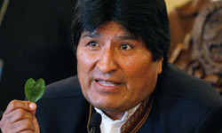Evo Morales con una foglia di coca