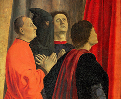 Dettaglio dal Polittico della Misericordia (1444-1464) con presunto autoritratto di Piero (il terzo da sinistra)