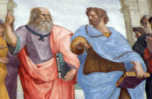 Da sinistra, Platone e Aristotele nell'affresco di Raffaello Sanzio sulla Scuola di Atene (1509). Musei Vaticani, Città del Vaticano