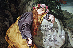 Dipinto con l'epigrafe in latino che attesta la presenza di Rosalia all'eremo