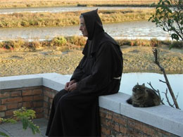 Un frate medita osservando la laguna in compagnia di un gatto altrettanto assorto