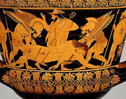 Cratere attico a figure rosse con trasporto del corpo di Sarpedonte (vaso di Euphronios), particolare, 515 a.C. ca.